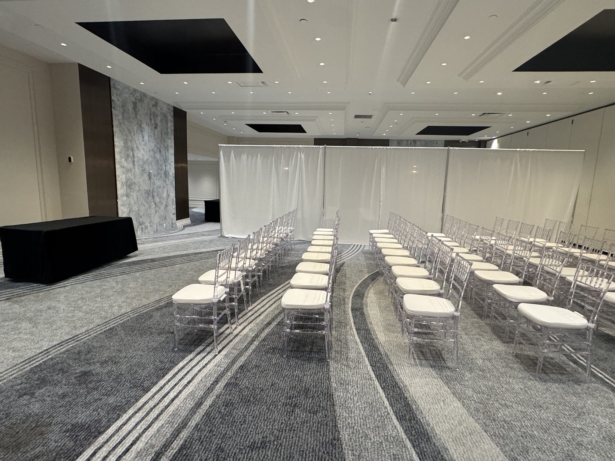 The Skyline Ballroom set with rows of chairs for a service