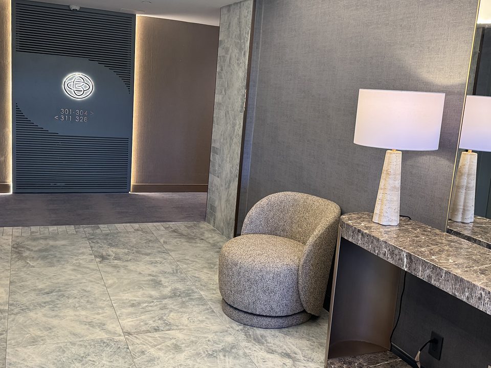 An elevator lobby on a guest floor