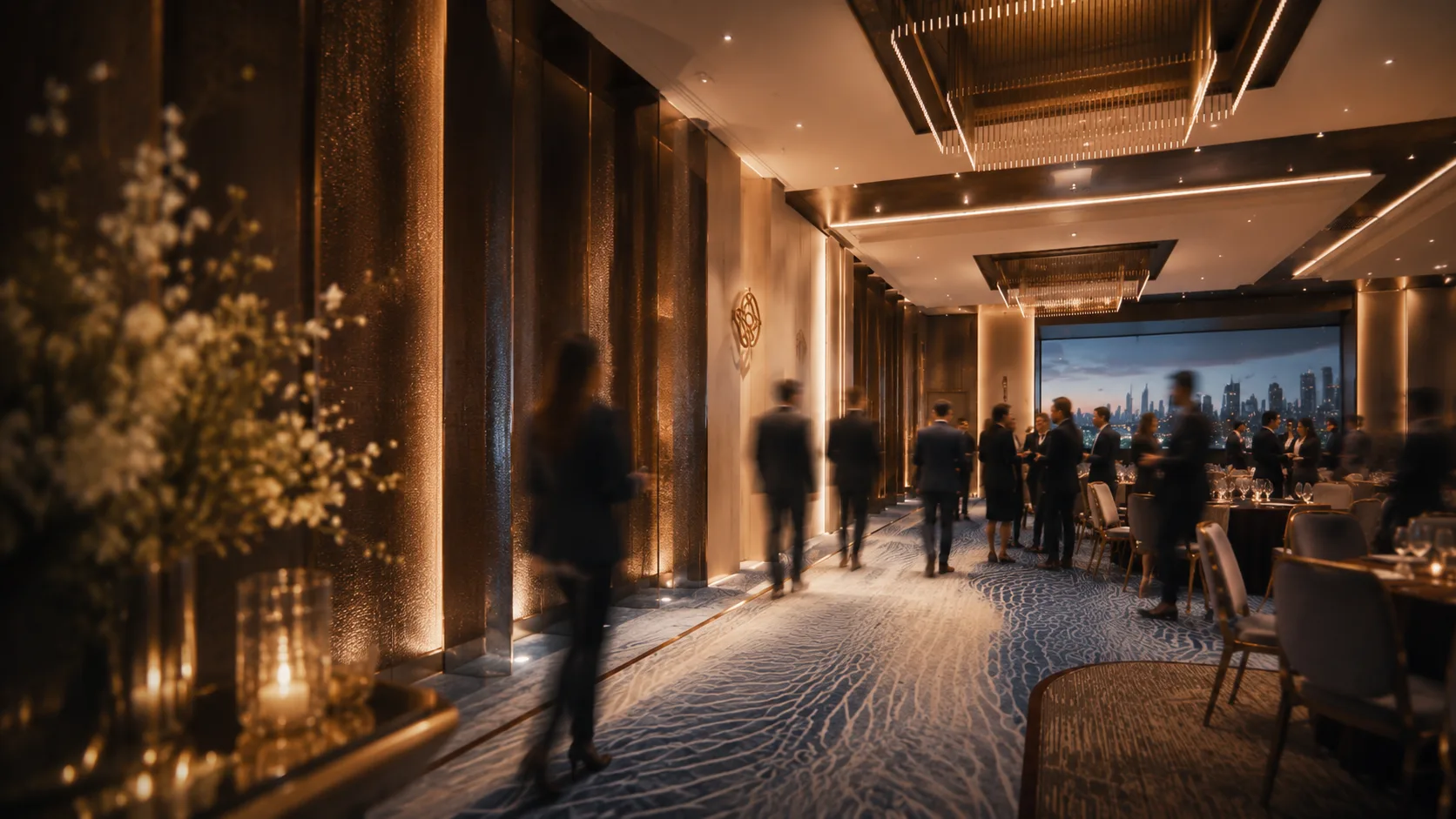 A corporate dinner in warm light