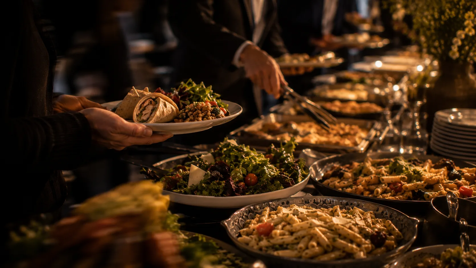 a lunch buffet in a meeting room