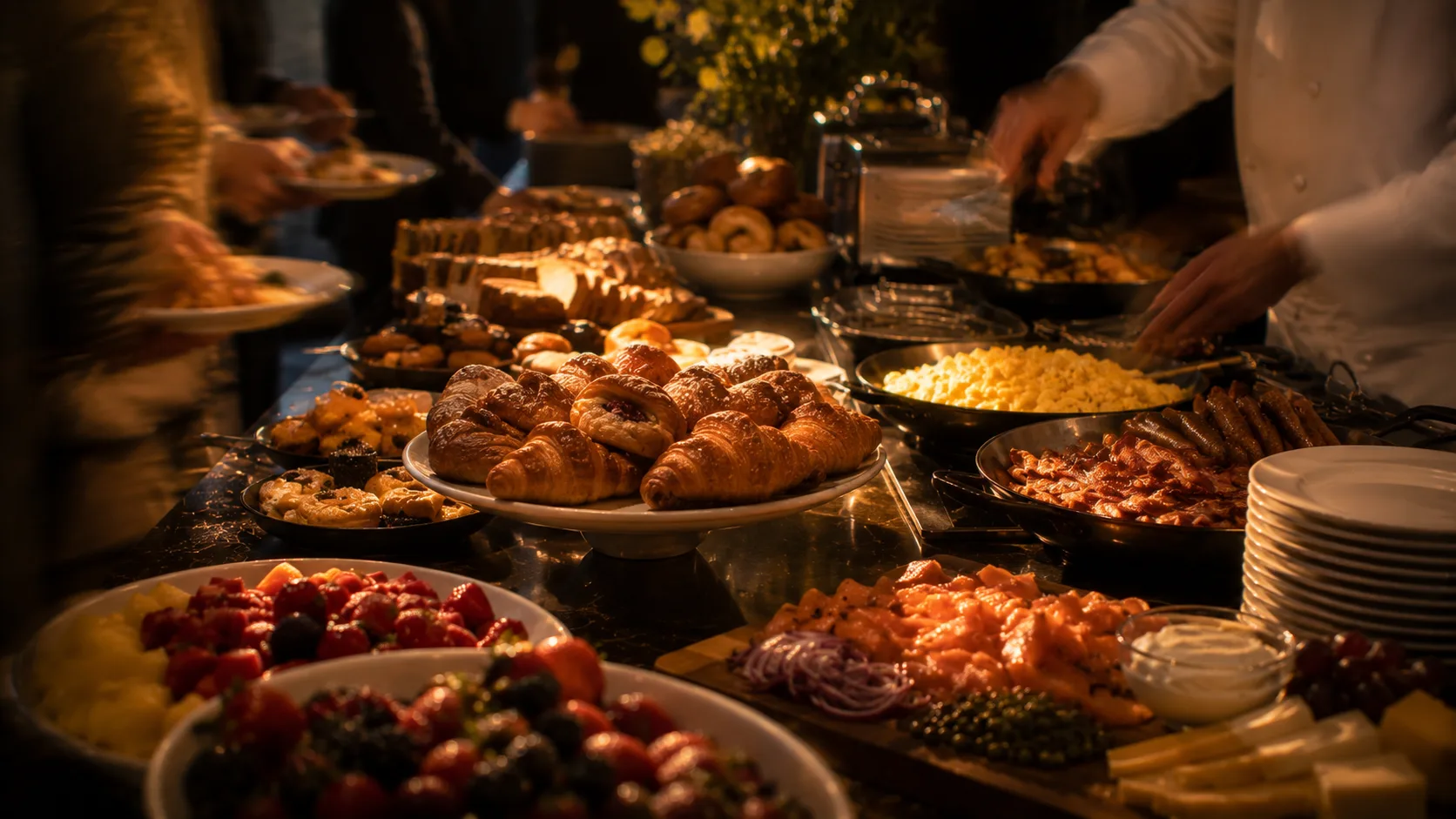 a breakfast buffet laid out