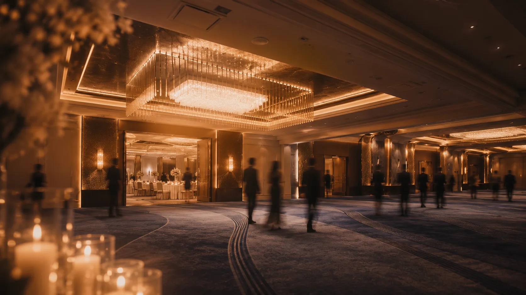 The ballroom set for dinner