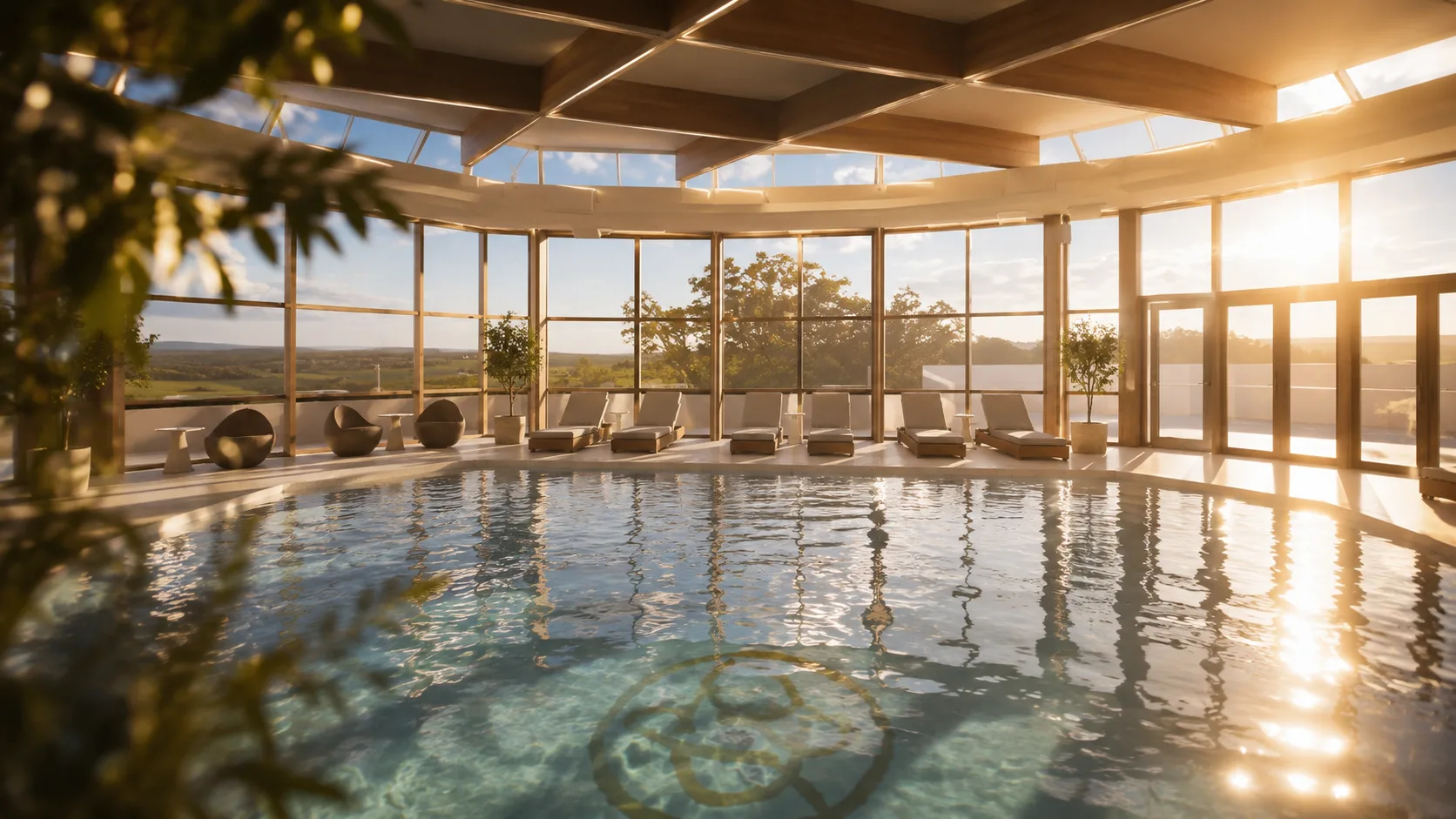 The skylit pool wrapped in glass