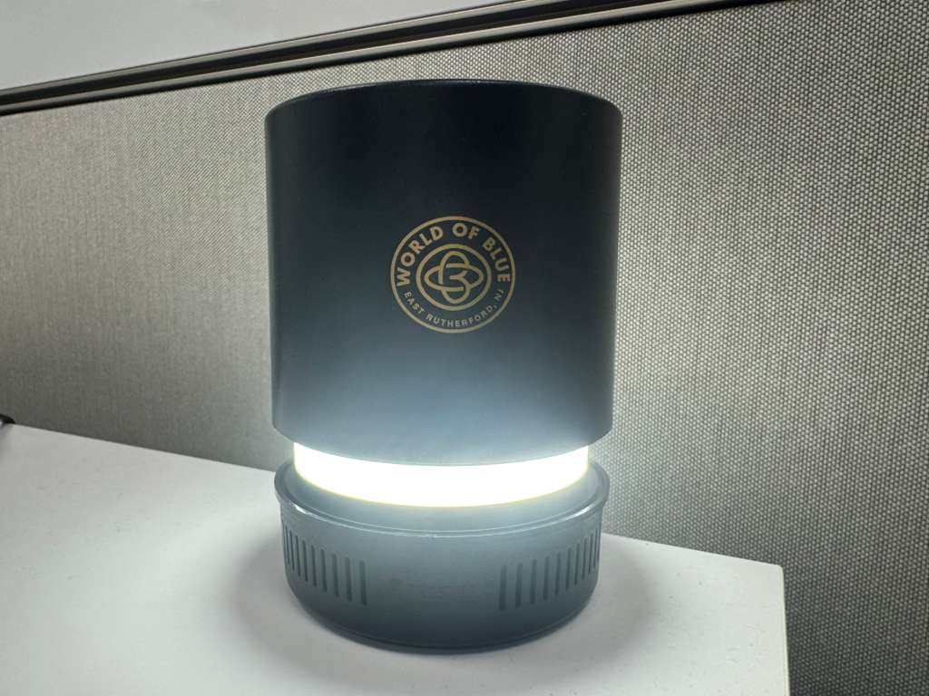 A World of Blue Shabbos lamp in a guest room